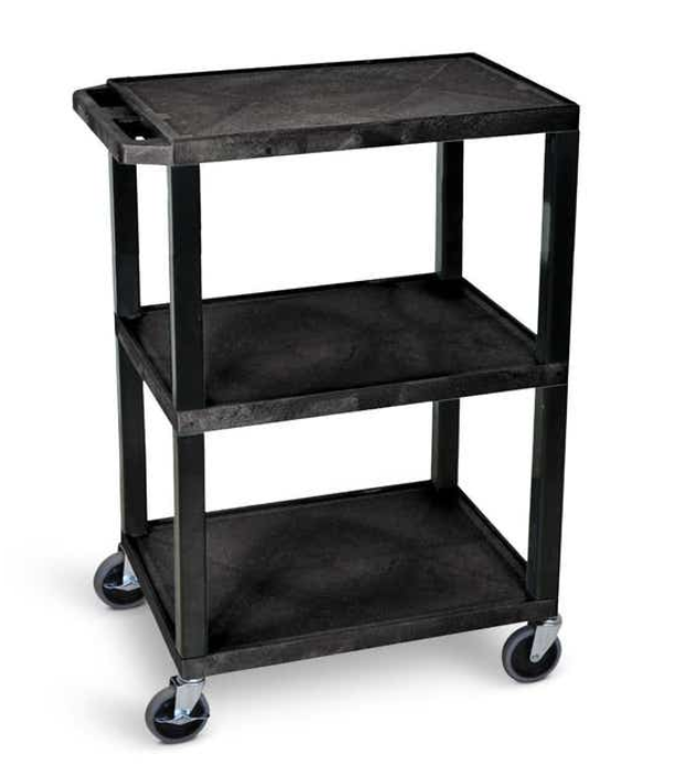 Luxor TUFFY 34" 3-Shelf Multi Purpose Utility Cart, 24" W x 18" D, Black, Flat Shelves