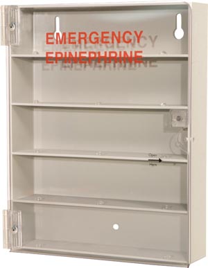 Epipen Injector Dispenser, Holds up to (5) EpiPens, Dual-Sided Clear PETG Plastic Door Sleeve For Identification Signage, Tab on Front For Lock Placement, Keyholes For Wall Mounting, Quartz ABS & Clear PETG Plastic Door, 9"W x 11 3/16"H x 2½"D