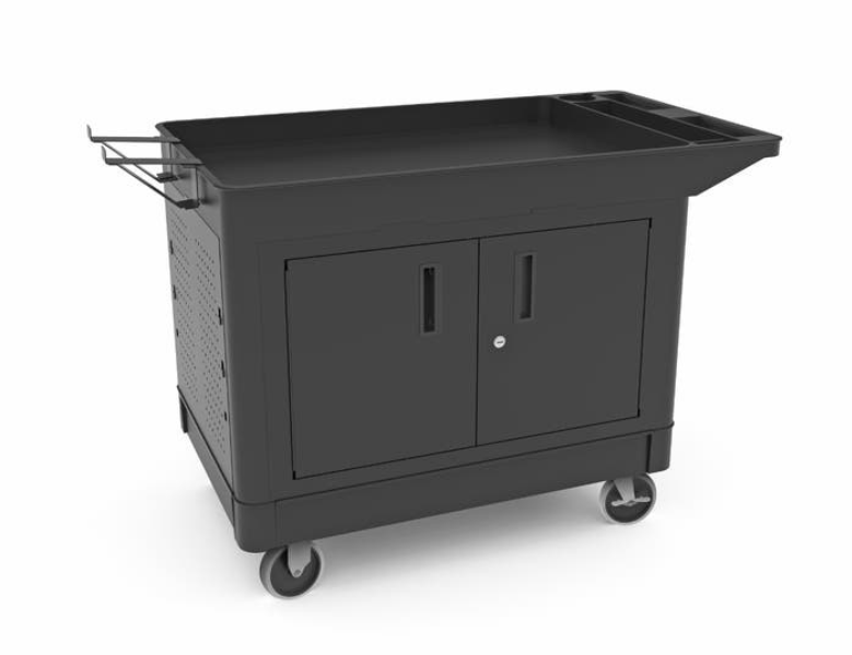 Luxor WORKLOAD 2-Shelf Industrial Utility Cart w/Locking Cabinet & Ladder Holder, 36.5" W x 24.5" D, Black