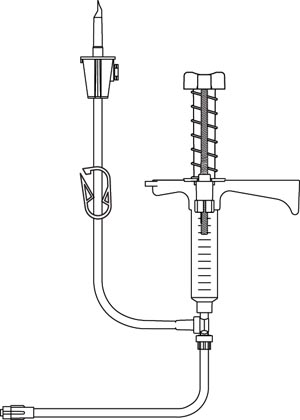 Fluid Dispensing System, 10cc Luer Lock Syringe, Adjustable Automatic Spring Return, 41" Vented Transfer Set, Dual Check Valve, 40" Extension Set with Distal Luer Lock Connector, DEHP & Latex Free (LF), 10/cs