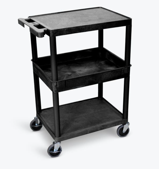 Luxor ENDURA 34" 3-Shelf Utility Cart, 24" x 18", Black, Flat/Tub Shelves