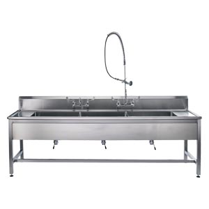 Decontamination Station 116"W x 26 1/2"D, (8") Backsplash, (3) 25"W x 18"H x 10"D Bowls, Stainless Steel SQ Tube Base, Adjustable Flanged Fet w/Marine Edge, Bowls Etched w/Gallon & Liter Measures