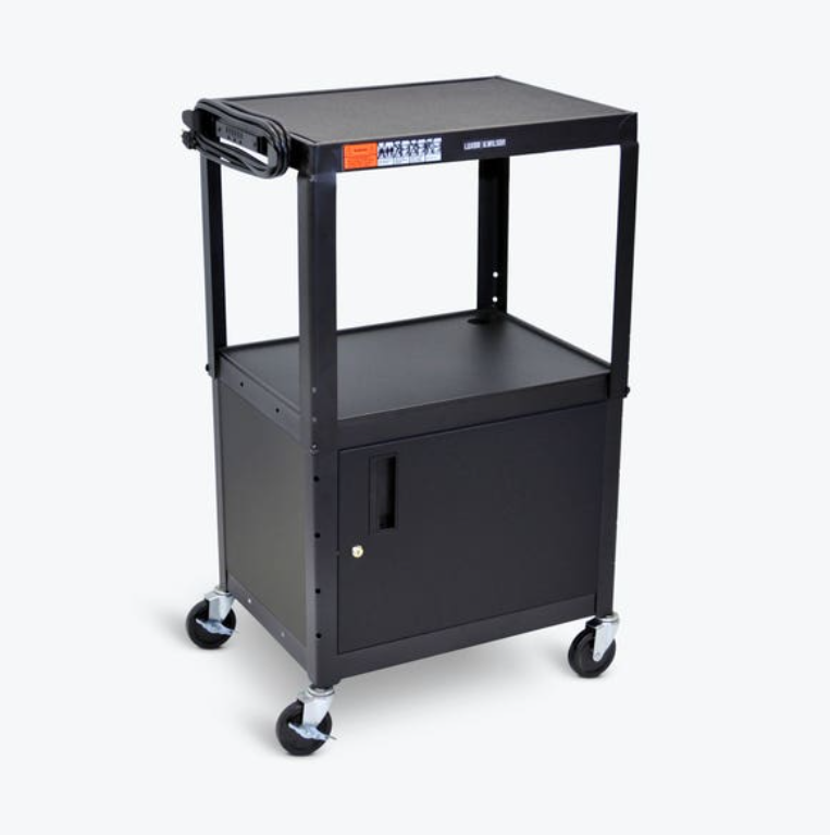 Luxor LEADER Adjustable Height 3-Shelf Media Utility Cart w/Locking Cabinet, 24" x 18", Black