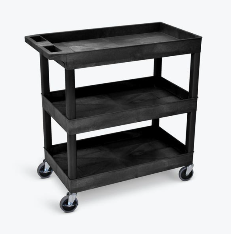 Luxor TUFFY XL 3-Shelf Multi Purpose Utility Cart, 32" x 18", Black, Tub Shelves