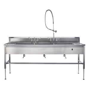 Decontamination Station 116"W x 26 1/2"D, Hydraulic Lift, (8") Backsplash, (3) 25"W x 18"H x 10"D Bowls, (3) Waste Lever Drains, Bowls Etched w/Gallon & Liter Measures