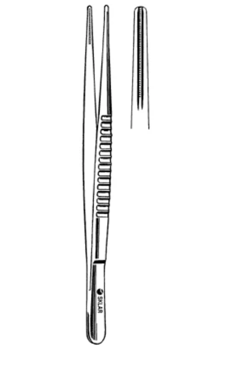 Tissue Forceps, Sklar® DeBakey, 7-3/4in, 3.5mm, OR Grade Stainless Steel, NonSterile, NonLocking Thumb Handle, Straight, 1x2 Rows of Fine Atraumatic Teeth, Reusable