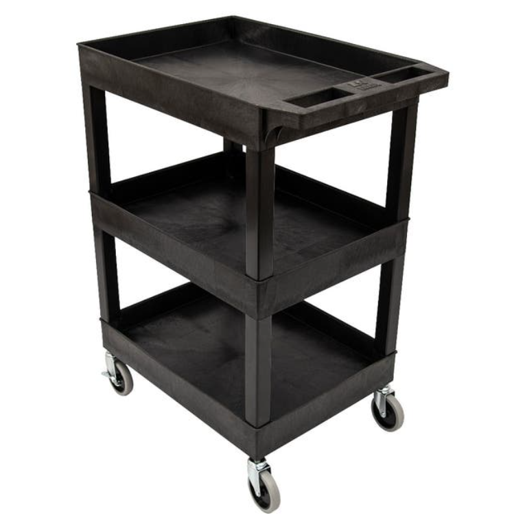 Luxor TUFFY 34" 3-Shelf Multi Purpose Utility Cart, 24" W x 18" D, Black, Tub Shelves w/Heavy Duty Casters