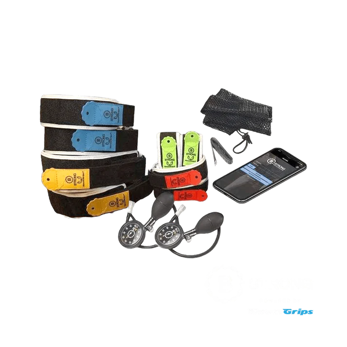 Package Includes: 8 BFR Bands Total (1) Pair Each of Sizes 1-4, (2) hand pumps, (1) tape measure, (1) carrying bag, (1) license to BStrong's Guidance App