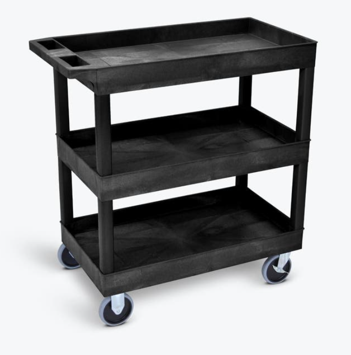 Luxor TUFFY XL 3-Shelf Multi Purpose Utility Cart, 32" x 18", Black, Tub Shelves w/Heavy Duty Casters