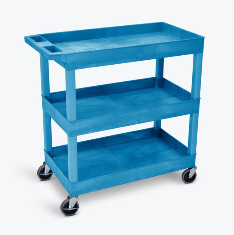 Luxor TUFFY XL 3-Shelf Multi Purpose Utility Cart, 32" x 18", Blue, Tub Shelves