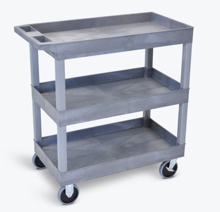 Luxor TUFFY XL 3-Shelf Multi Purpose Utility Cart, 32" x 18", Gray, Tub Shelves w/Heavy Duty Casters