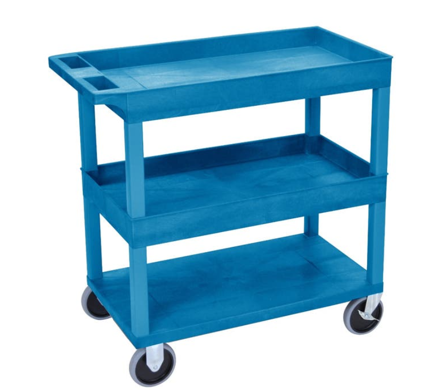 Luxor TUFFY XL 3-Shelf Multi-Purpose Utility Cart, 32" x 18", Blue, Tub Shelves w/Heavy-Duty Casters