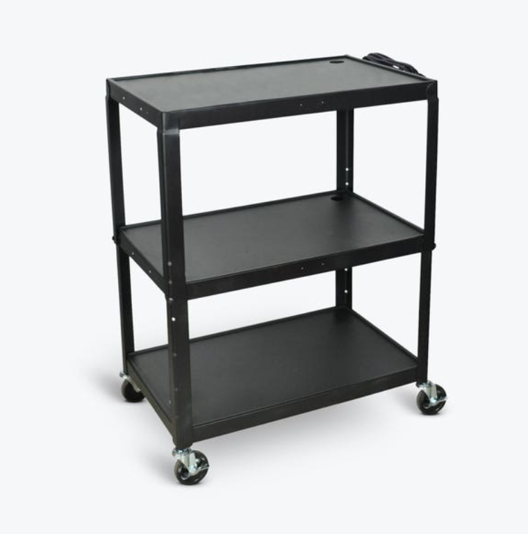 Luxor LEADER Adjustable Height 3-Shelf Media Utility Cart w/Pullout Tray & Drop Leaf Shelves, 24" x 18", Black