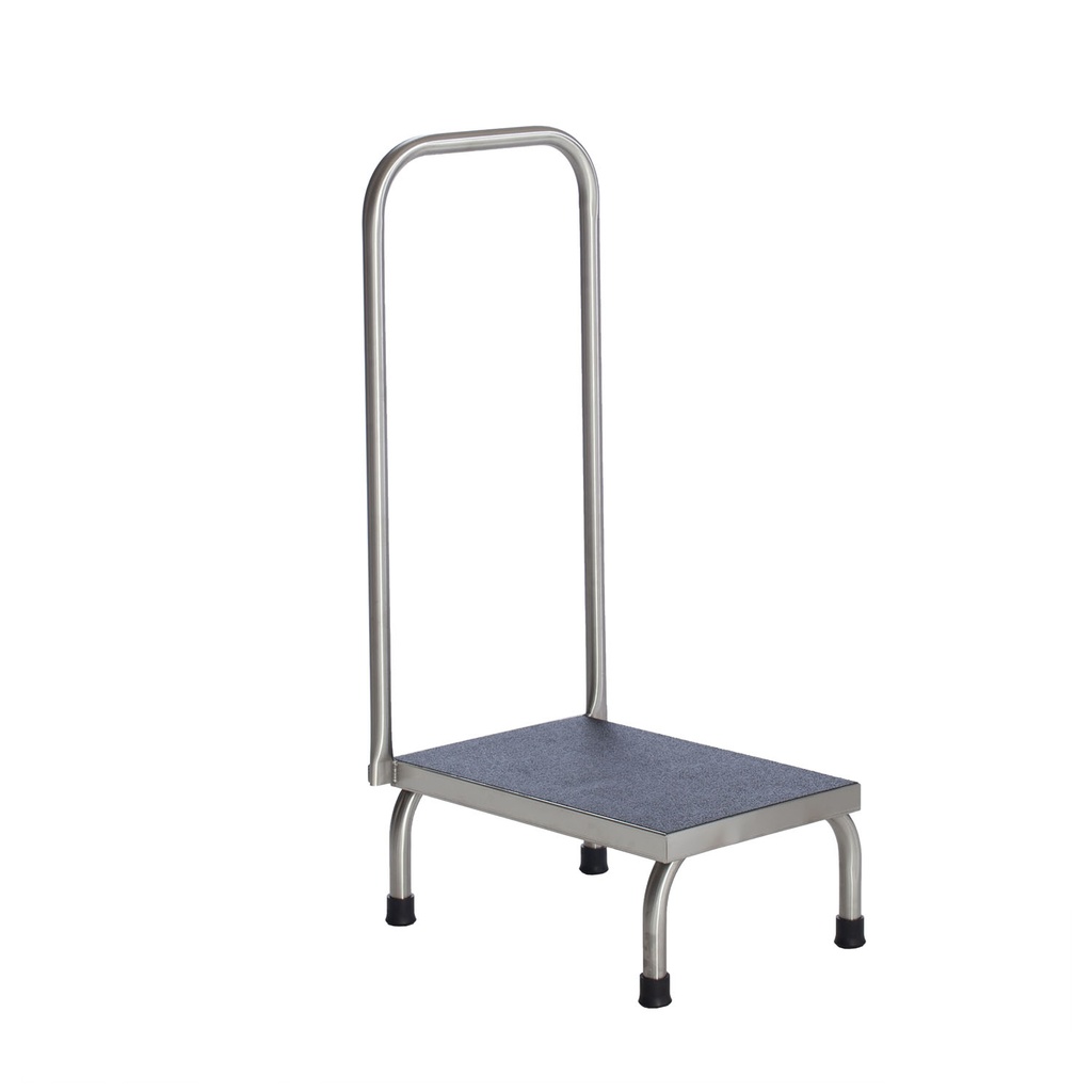 Step Stool, 1-Step with Handrail, Stainless Steel, 18"W x 7 5/8"H x 12"D, handrail 36"H