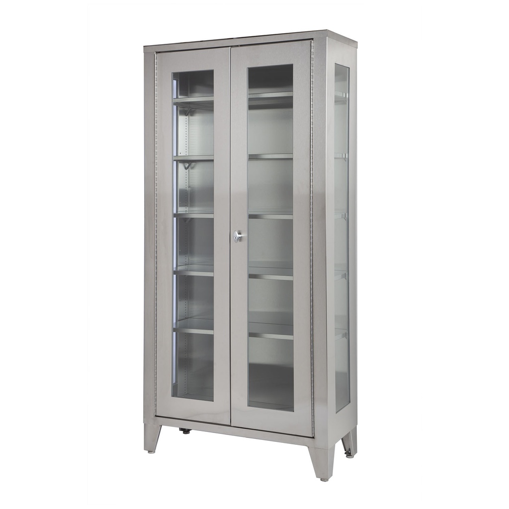 Cabinet Display, Stainless Steel, Five Adjustable Stainless Steel Shelves, Two Glass Hinged Doors, 36"W x 77"H x 16"D