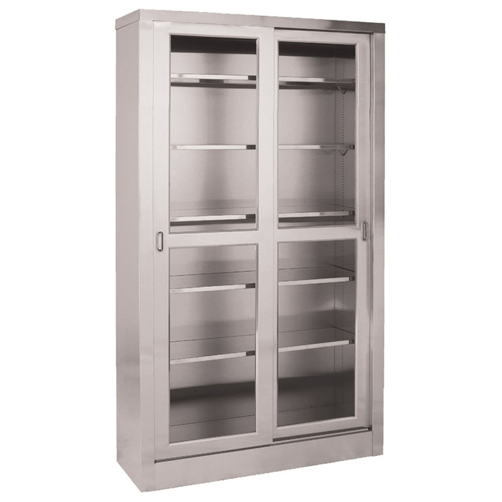 Storage & Supply Cabinet, Stainless Steel, Five Adjustable Shelves, Two Glass Sliding Doors, 47"W x 84"H x 16"D