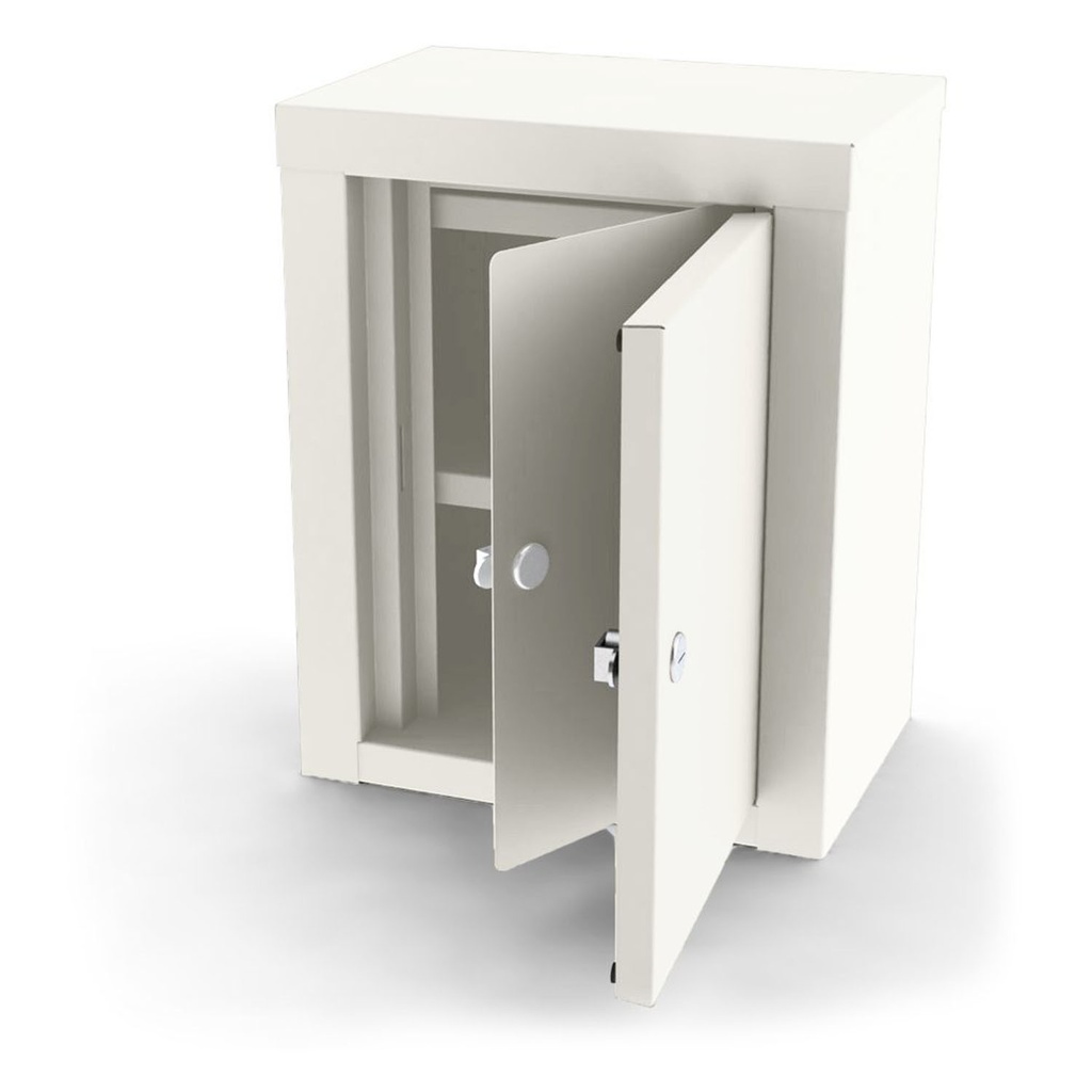 Narcotic Locker, 7781, Steel, Double Door with Separate Locks, Three Adjustable Shelves, 12.125” W x 15 H x 8.125” D, Wall Mountable or Inside Cabinet Mountable, Quiet White
