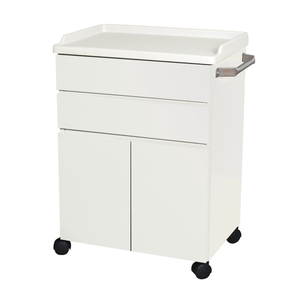 Mobile Treatment Cabinet, 6214 with Two Heavy Duty Steel, Easy to Clean Full-Extension Drawers & Two Doors Stainless Steel Push Handle, Kydex Work Surface with No-Spill Edges, Four 2.38” Twin Wheel Casters, Quiet White