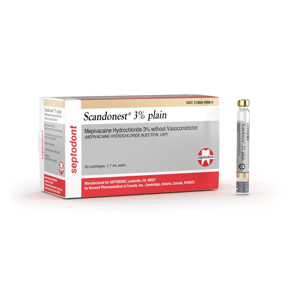 Scandonest 3%PlainL, Mepivacaine HCI 3% with no Vasoconstrictor, 1.7mL, 50 cartridges/bx, 20 bx/cs