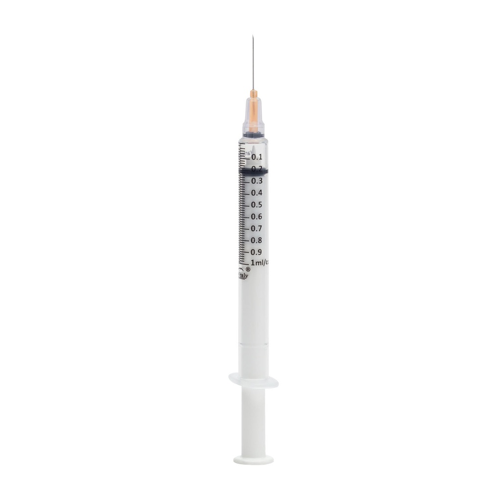 Safety Syringe with Needle, 1 mL, 25G x 1.0", Sterile, Orange, 100/bx