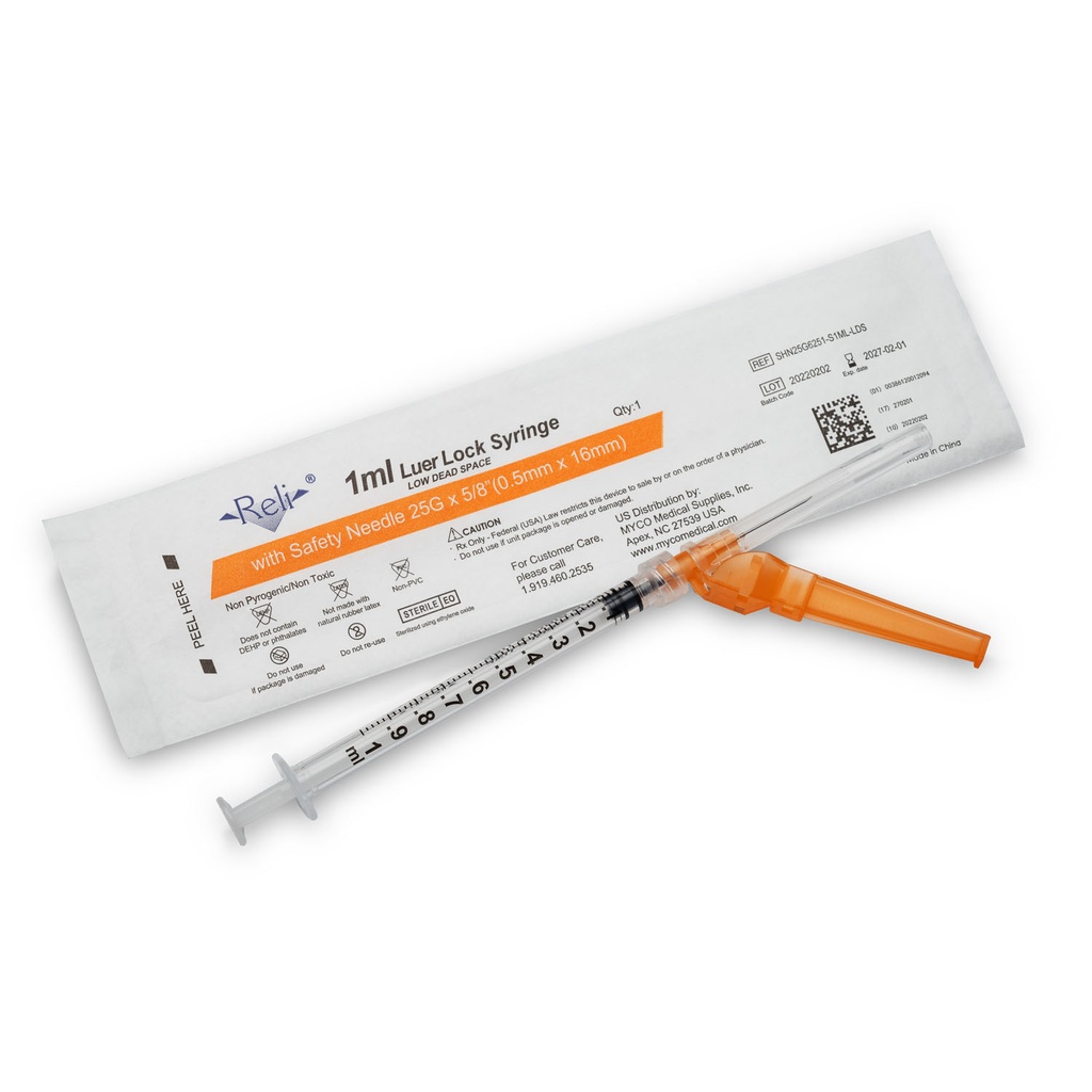Safety Hypodermic Needle with 1mL Syringe, 25G x 5/8", Low Dead Space, 100/bx