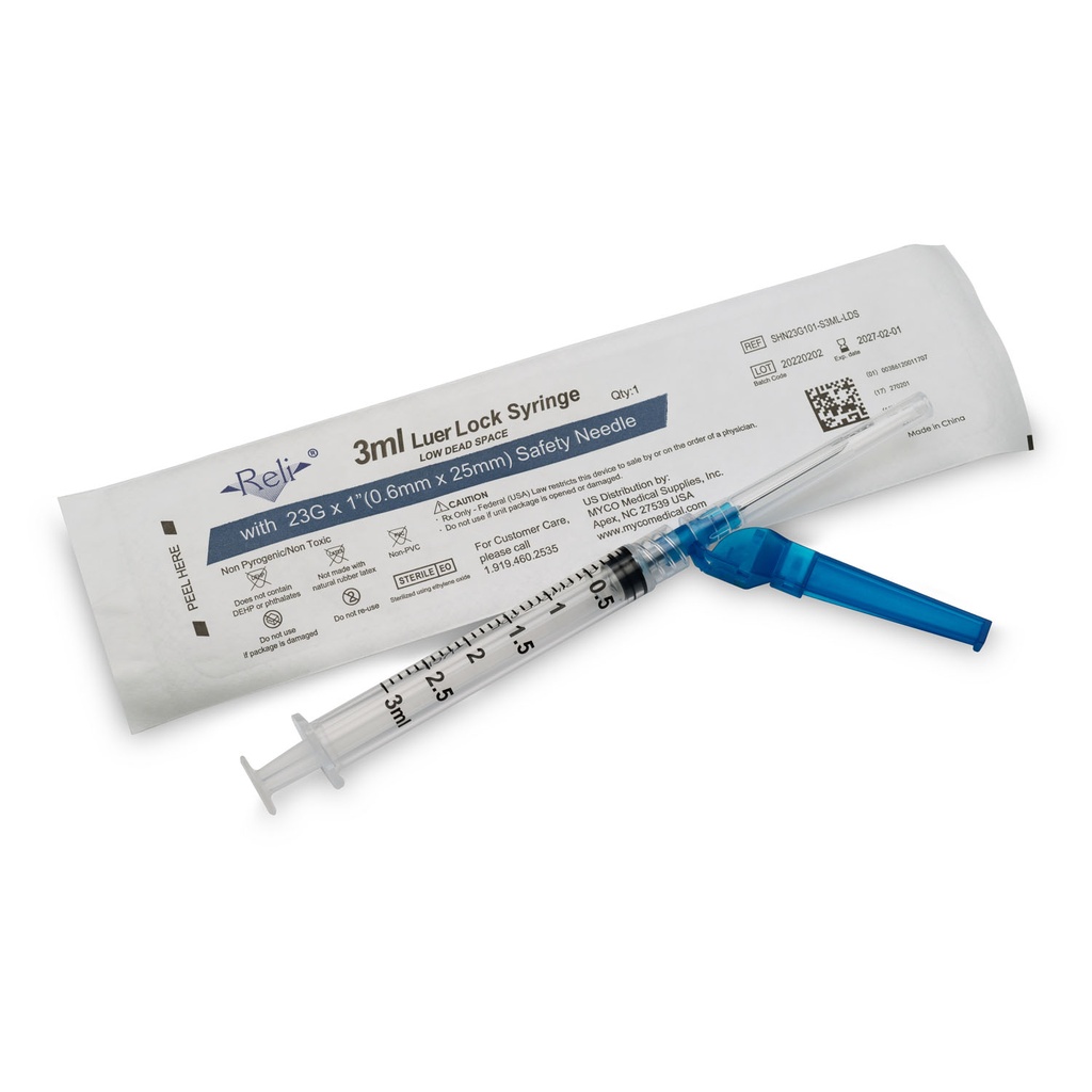 Safety Hypodermic Needle with 3mL Syringe, 23G x 1", Low Dead Space, 100/bx
