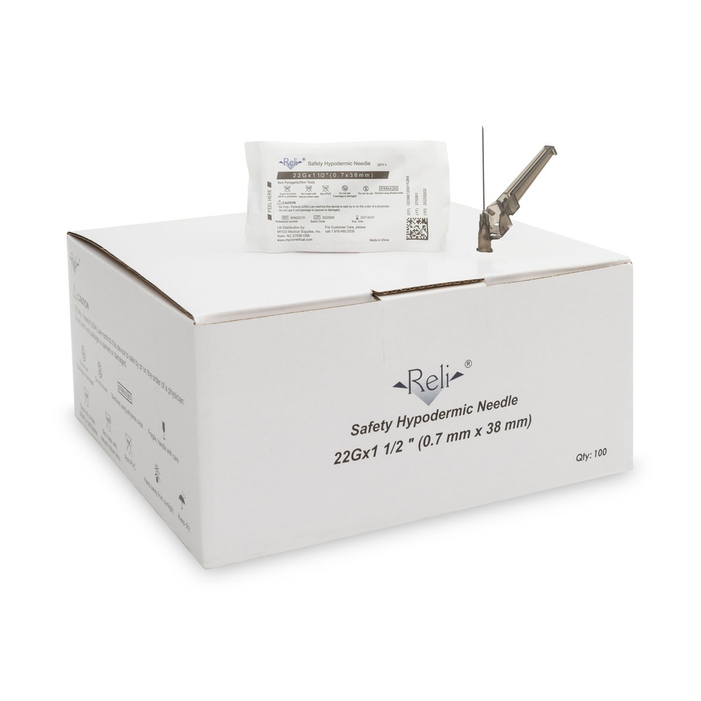 Safety Hypodermic Needle Only, 22G x 1-1/2", 100/bx