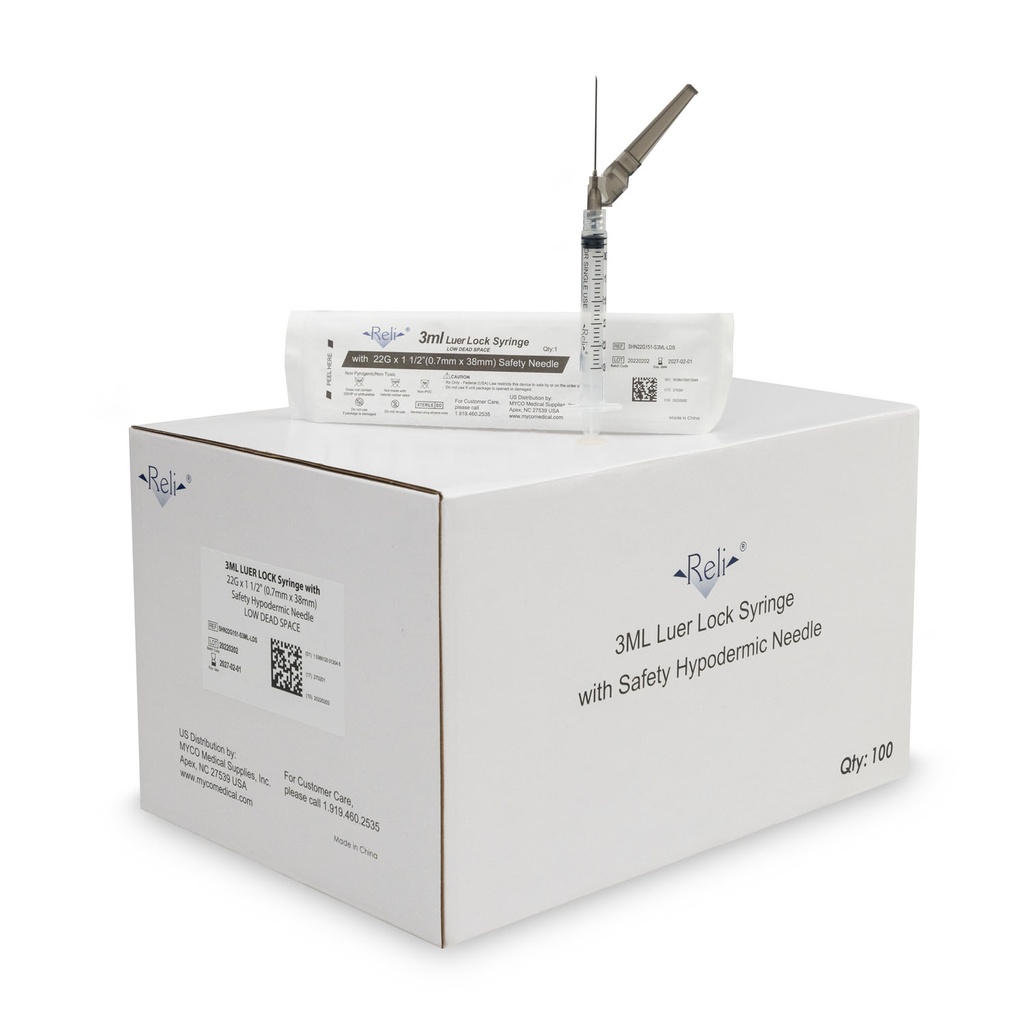 Safety Hypodermic Needle with 3mL Syringe, 22G x 1-1/2", Low Dead Space, 100/bx