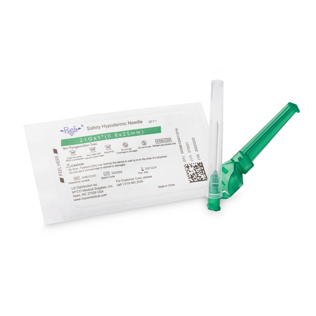 Safety Hypodermic Needle Only, 21G x 1", 100/bx