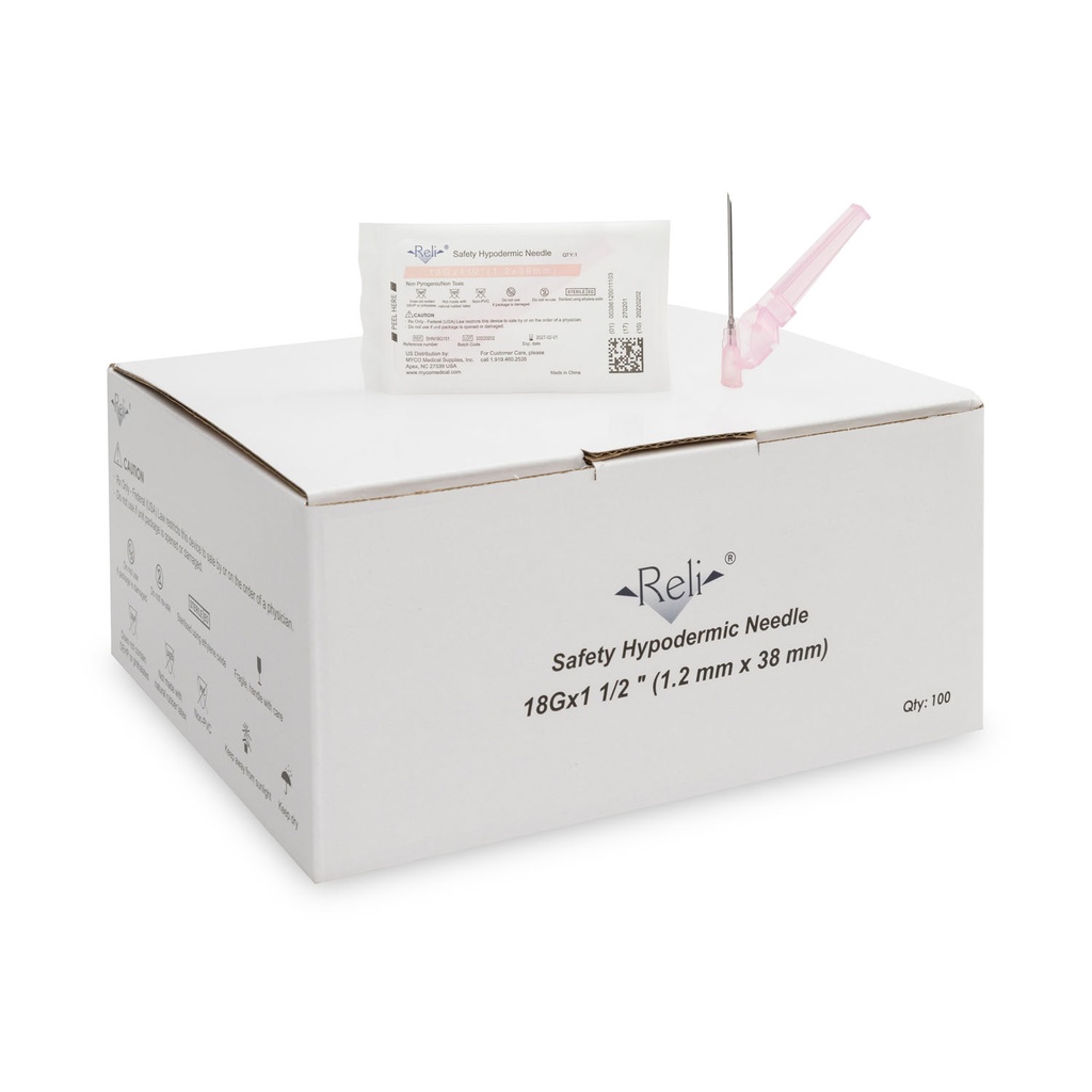 Safety Hypodermic Needle Only, 18G x 1-1/2", 100/bx