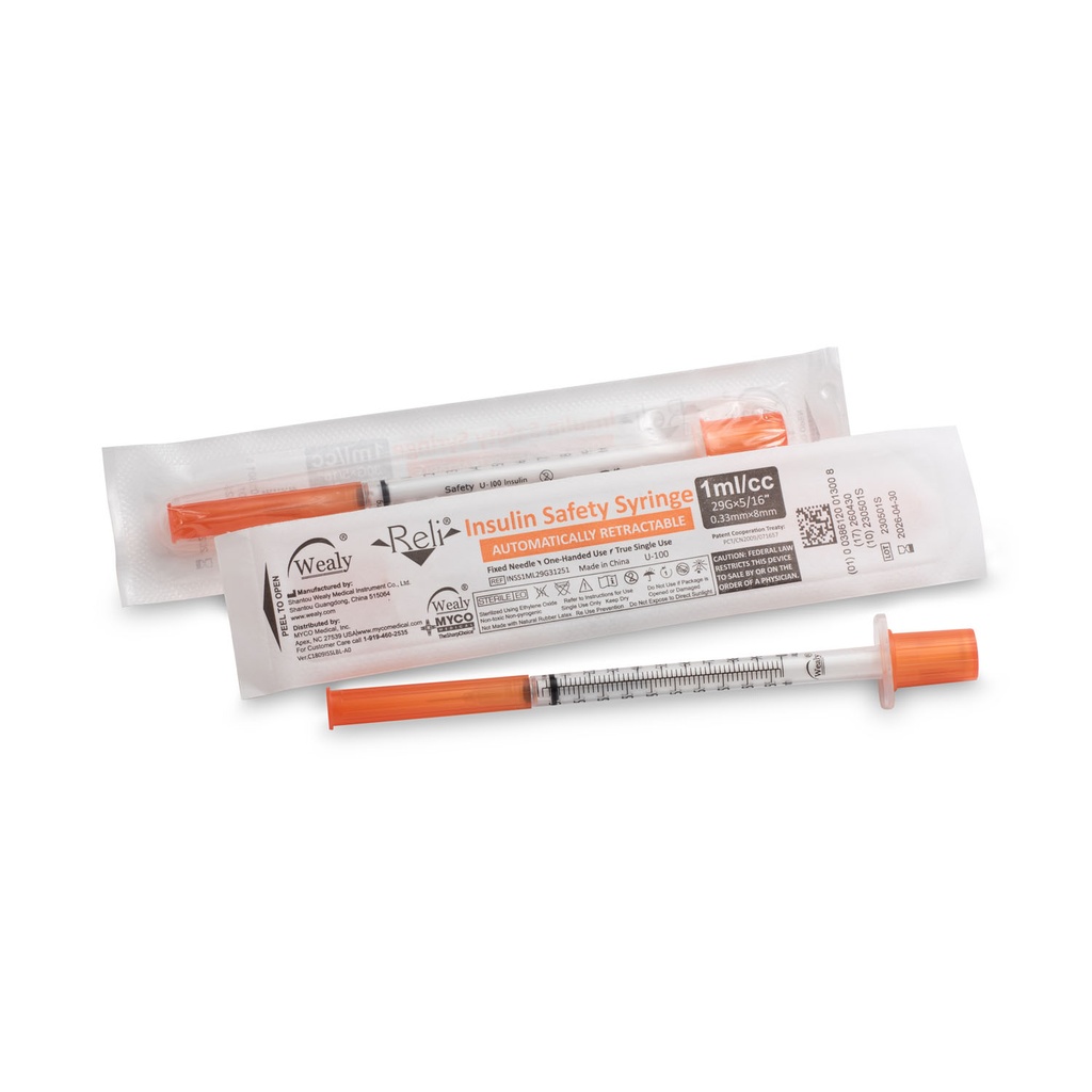 Safety Insulin Hypodermic Needle with 1mL Syringe, 29G x 5/16", 100/bx