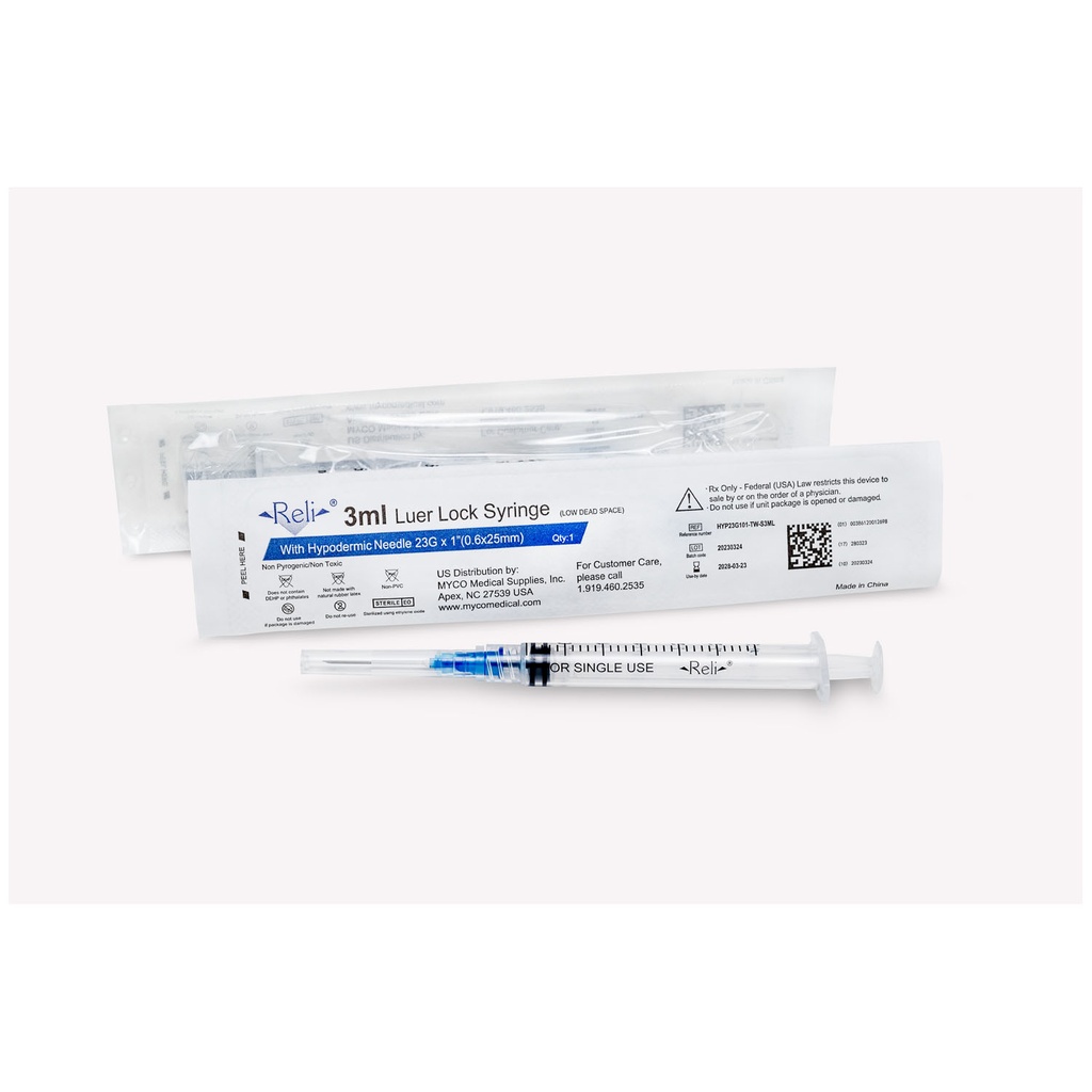 Syringe with Detachable Hypodermic Needle, 3 mL, 23G x 1", Low Dead Space, Thin Wall, Regular Bevel, 100/bx
