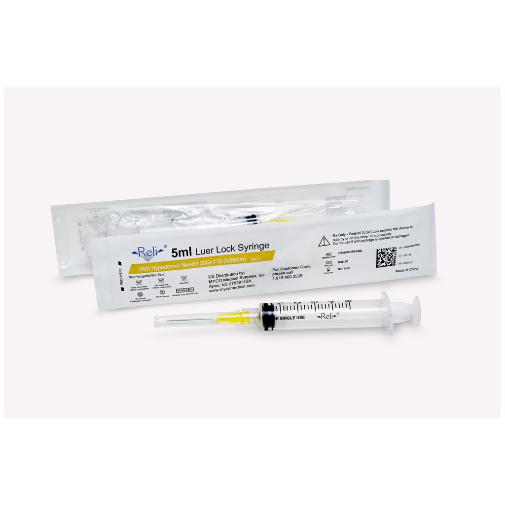 Syringe with Detachable Hypodermic Needle, 5 mL, 20G x 1", Regular Wall/Bevel, 100/bx