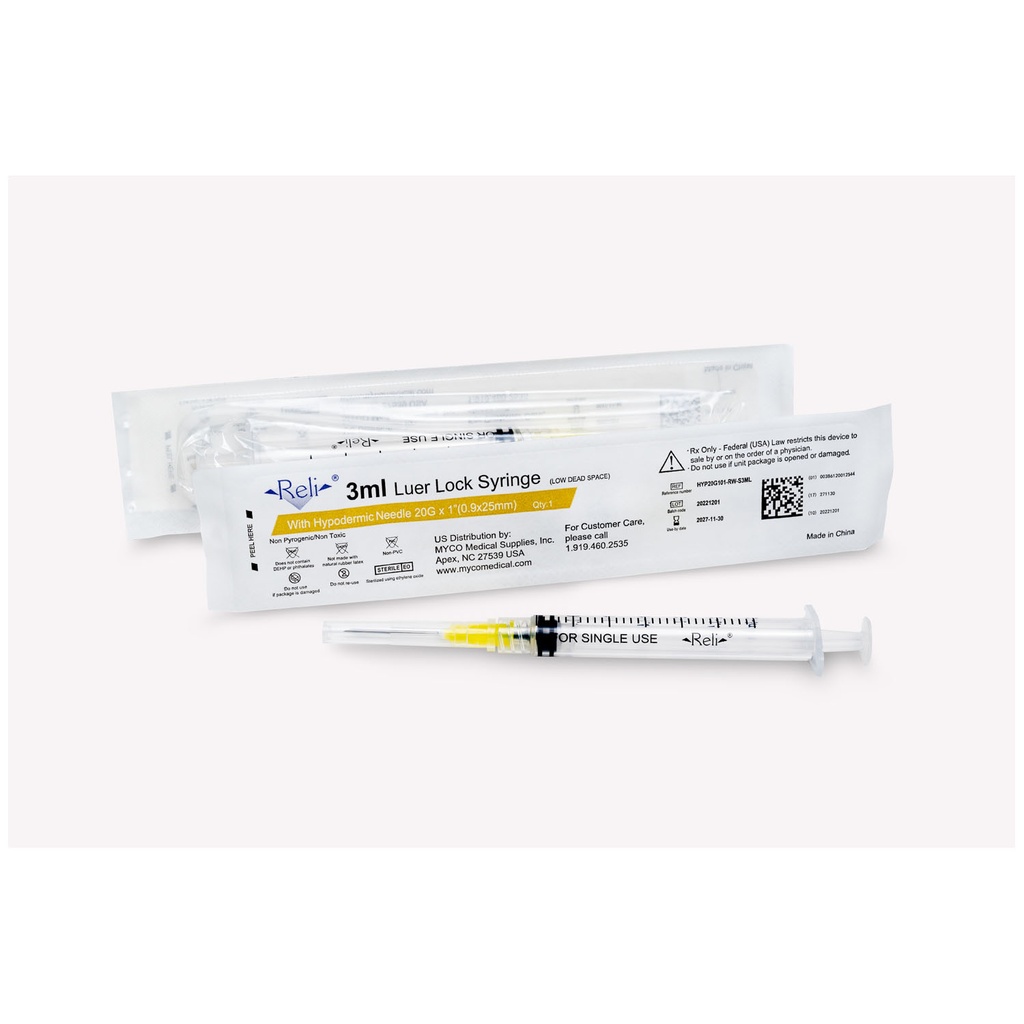 Syringe with Detachable Hypodermic Needle, 3 mL, 20G x 1", Low Dead Space, Regular Wall/Bevel, 100/bx