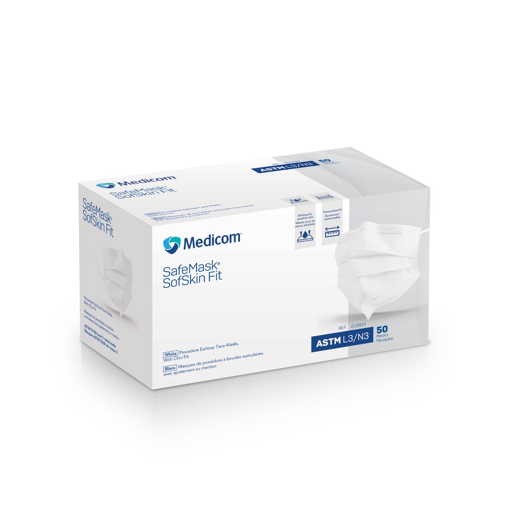 Earloop Mask, Sofskin Fit, Adjustable Chin & Nose Piece, ASTM Level 3, White, 50/bx, 10 bx/cs