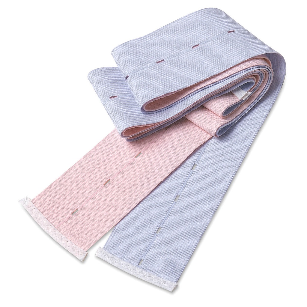 Buttonhole Abdominal Belt, Knit Elastic, 2 3/8" x 48", Holes Every 1¼", Finished Ends, 1 Pink Striped & 1 Blue Striped Belt Per Set, Latex Free, 50 sets/cs