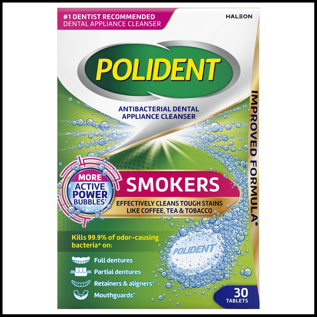 Polident® Smokers Antibacterial Dental Appliance Cleanser. 30 tablets/bx, 3 bx/pk, 4 pks/cs.