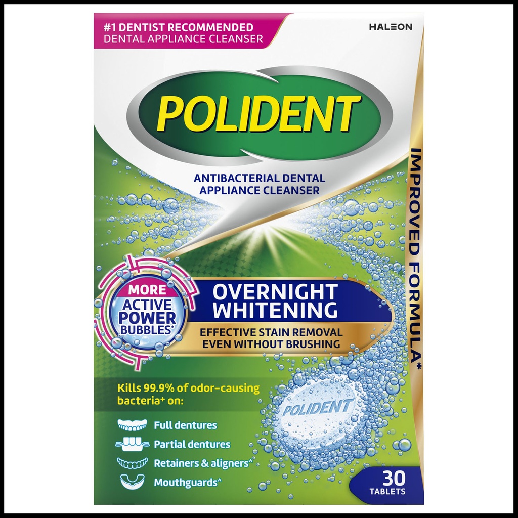 Polident® Overnight Whitening Antibacterial Dental Appliance Cleanser. 30 tablets/bx, 3 bx/pk, 4 pks/cs.