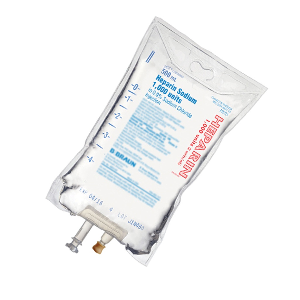 1,000 Units Heparin in 0.9% Sodium Chloride Injection, 2 Units/mL, 500mL, EXCEL® Container, 24/cs