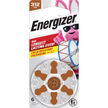 Battery, Energizer, Hearing Aid, Size 312, Brown Tab, 8/pk, 24pk/cs