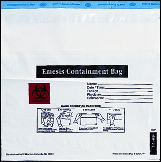 Emesis Bag, White, 10 x 10, 2.5 Mil, 2 Outside Hand Flaps, Liquid Tight Closure, 100/pk, 10 pk/cs