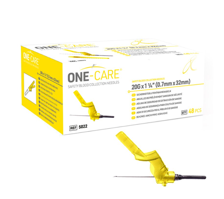 Safety Blood Collection Needles, 20G x 1 1/4", without Holders, Yellow, 48/bx