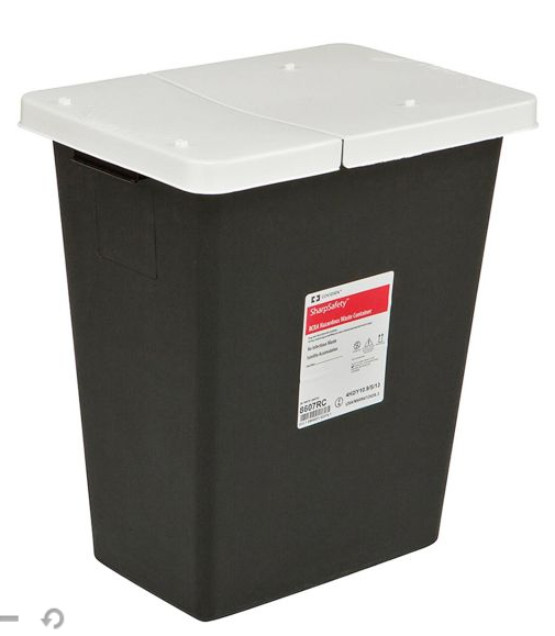 Pharmaceutical Waste Container, Universal, Hinged Lid, 8Gal, Black, w/Label, 10/cs