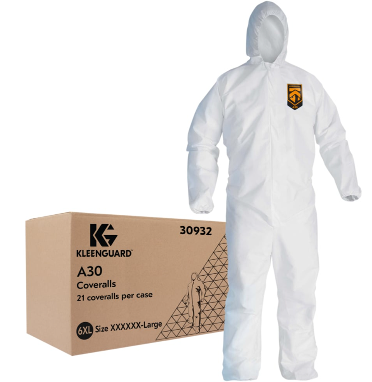 KleenGuard A30 Coveralls w/Hood, 6XL, White, 21/cs