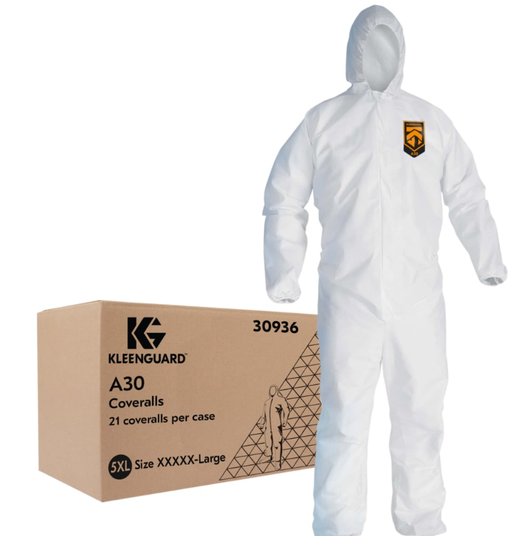 KleenGuard A30 Coveralls w/Hood, 5XL, White, 21/cs