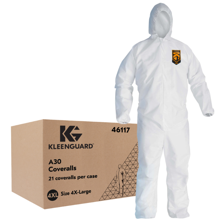 KleenGuard A30 Coveralls w/Hood, 4XL, White, 21/cs