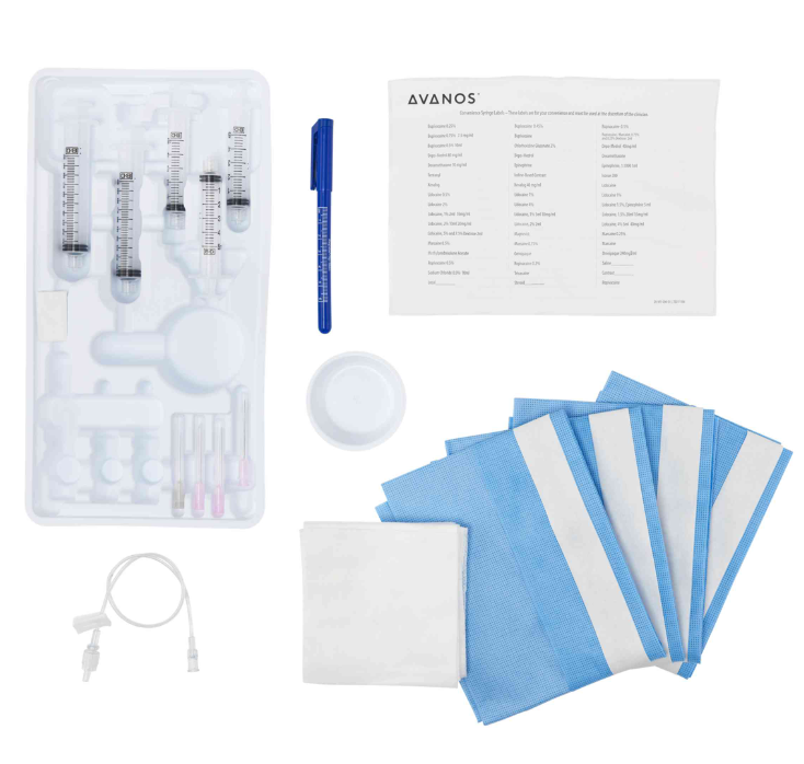 Universal Block Tray Contents: Contains No Drugs - 16g Hypo, 25g Hypo, 10cc Syringe, 5cc Syringe, 3x3 Gauze Pads, 22"x28" Oval Fenestrated Blue Drape, 12" Minibore Extension Set, Blue Skin Marker, Drug Cup, Stainless Steel Pointer, 10/cs