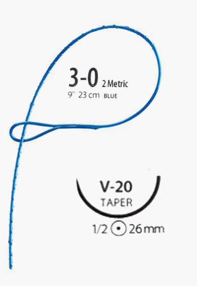 V-Loc PBT Suture, 1/2 Circle, Size 3-0, 9", Non-Absorbale, Blue, V-20, 12/cs