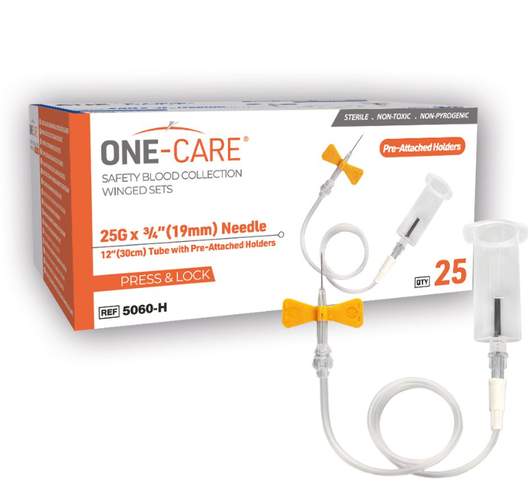 PRESS & LOCK Safety Blood Collection Wing Sets, 25G x ¾’’, Orange, 12" Tube, Pre-Attached Holder, 25/bx