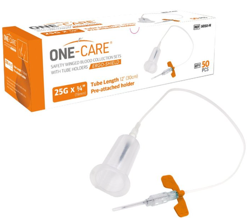 ERGO-SHIELD Safety Blood Collection Winged Sets, 25G x ¾’’, Orange, Pre-attached Holder, 12" Tube, 50/bx